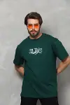 Unisex Bisiklet Yaka Baskılı Oversize T-Shirt - Yeşil-2