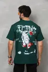 Unisex Bisiklet Yaka Baskılı Oversize T-Shirt - Yeşil-3
