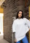 Unisex Bisiklet Yaka Baskılı Oversize T-Shirt - Beyaz-2