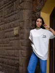 Unisex Bisiklet Yaka Baskılı Oversize T-Shirt - Beyaz-4