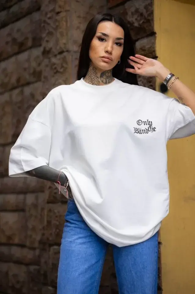 Unisex Bisiklet Yaka Baskılı Oversize T-Shirt - Beyaz-1 Unisex Bisiklet Yaka Baskılı Oversize T-Shirt - Beyaz-1