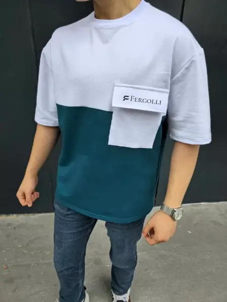 Unisex Torba Cep Detaylı&nbsp; Parçalı T-Shirt - Lacivert