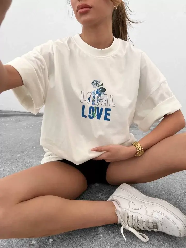 Unisex Bisiklet Yaka Baskılı Oversize T-Shirt - Beyaz-1 Unisex Bisiklet Yaka Baskılı Oversize T-Shirt - Beyaz-1