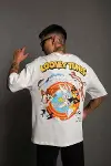 Unisex Bisiklet Yaka Baskılı Oversize T-Shirt - Beyaz-2