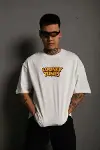 Unisex Bisiklet Yaka Baskılı Oversize T-Shirt - Beyaz-1