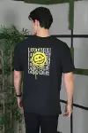 Unisex Bisiklet Yaka Baskılı Oversize T-Shirt - Siyah-3