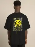 Unisex Bisiklet Yaka Baskılı Oversize T-Shirt - Siyah-4