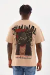 Unisex Baskılı Oversize T-Shirt - Bej-2