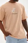 Unisex Baskılı Oversize T-Shirt - Bej-1