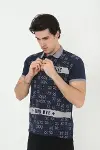 Erkek Yakalı Slim Fit Baskılı T-Shirt - Lacivert-1