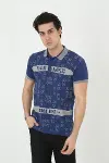 Erkek Yakalı Slim Fit Baskılı T-Shirt - Mavi-3