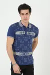 Erkek Yakalı Slim Fit Baskılı T-Shirt - Mavi-1