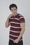 Erkek Yakalı Slim Fit Dokuma Çizgili T-Shirt - Bordo-1