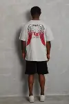 Unisex Oversize Baskılı Bisiklet Yaka T-Shirt - Gri-2