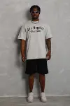 Unisex Oversize Baskılı Bisiklet Yaka T-Shirt - Gri-4