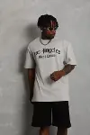 Unisex Oversize Baskılı Bisiklet Yaka T-Shirt - Gri-1