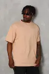 Unisex Oversize Düz Bisiklet Yaka T-Shirt - Bej-3