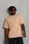 Unisex Oversize Düz Bisiklet Yaka T-Shirt - Bej-4