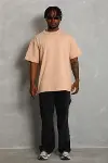 Unisex Oversize Düz Bisiklet Yaka T-Shirt - Bej-1