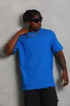 Unisex Oversize Düz Bisiklet Yaka T-Shirt - Mavi-4