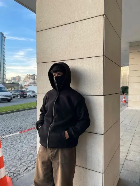 Samuray Ninja Çift Kapşonlu ZIP Fermuarlı Kanguru Çepli Tam Fermuarlı Hoodie Swetshirt - Siyah