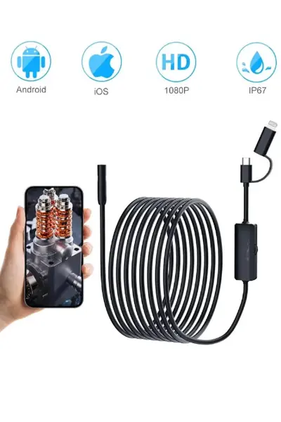 Endoskop Yılan Video Kamera Ios ve android Uyumlu Led’li 10 Metre 8 mm Sert Kablo 2mp