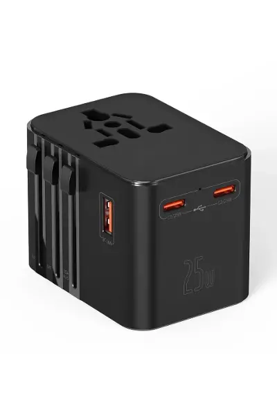 25W Evrensel Seyahat Adaptörü, EU/US/UK/AU Priz Dönüştürücü, 1x USB, 2x Type-C Hızlı Şarj