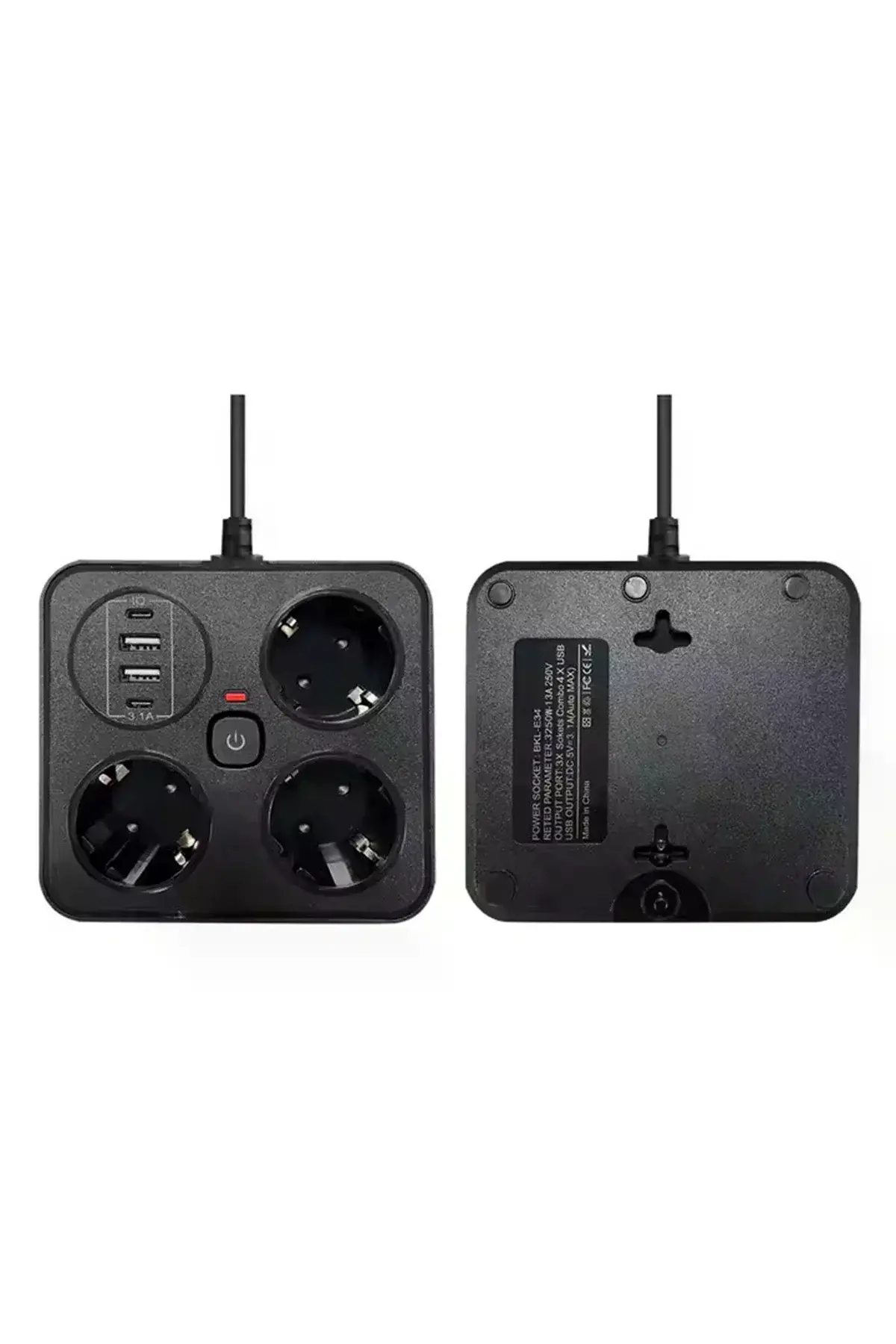 Akım Korumalı Anahtarlı Priz - 3X Priz - 2X Usb - 2X Type-C - 2 mt Kablo Hızlı Şarj Özellikli Siyah