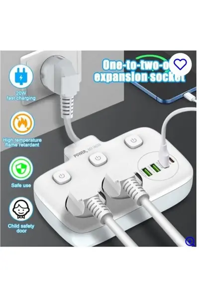 Akım Korumalı 2’li Ayrı Anahtarlı Priz, 2x Priz, 3x USB, 1x Type-C, 2 mt Kablo, Hızlı Şarj
