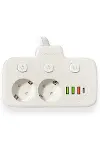 Akım Korumalı 2’li Ayrı Anahtarlı Priz, 2x Priz, 3x USB, 1x Type-C, 2 mt Kablo, Hızlı Şarj-4