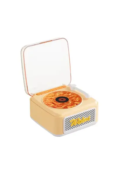 Nostalji Mini Plak Görünümlü Radyolu Bluetooth Hoparlör 3D Ses Dalgası Retro Müzik Plak Sarı