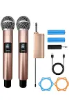 Profesyonel Çiftli Kablosuz Mikrofon Seti Karaoke Şarj Edilebilir 50 Metre Mesafe Rose-1