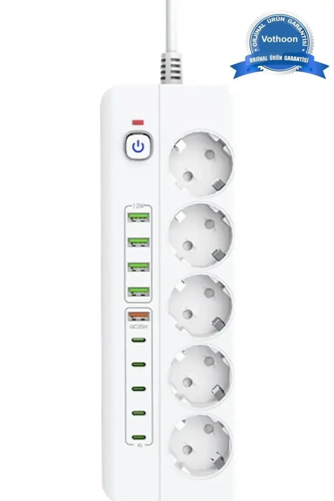 3500W Akım Korumalı 5’li Grup Priz: 5x USB + 5x Type-C Çıkışlı (2 Metre)