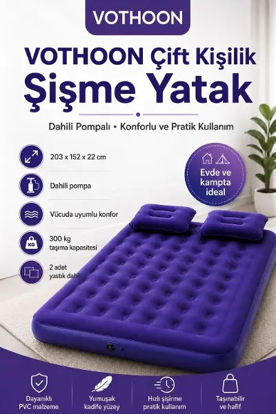 Vothoon Çift Kişilik Şişme Yatak Dahili Pompalı 203x152x22 cm 2 Yastıklı