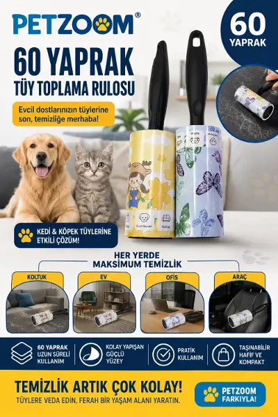 PETZOOM 60 Yaprak Tüy Toplama Rulosu Kedi Köpek Tüy Toplayıcı Ev Koltuk Araç Ofis Temizlik Rulosu
