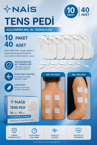 10 Paket, 40 Adet NAİS GOLD Tens Elektrod Pedi 5x5 cm Extra Güçlendirilmiş Yapışkanlı Kumaş, TENS Pedi Elektrot – Cilt Dostu Jel – Yüksek İletkenlik – TENS Cihazları ile Uyumlu