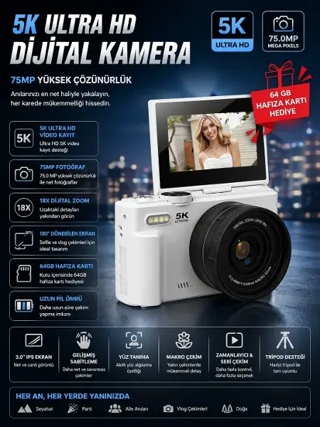 5K 75MP HD Dijital Kamera 18X Dijital Zoom, Flaşlı,3.0 inç Ekranlı Fotoğraf Makinesi