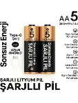 Type-C Şarjlı 2800MWH 1.5V Şarj Edilebilir 2’li AA5 Kalem Pil - Lityum Iyon Batarya-1