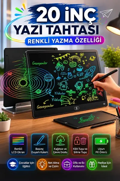 20 Inc Renkli Lcd Grafik Dijital Kalemli Çizim Tableti Yazı Tahta Not Yazma Eğitim Tableti Siyah