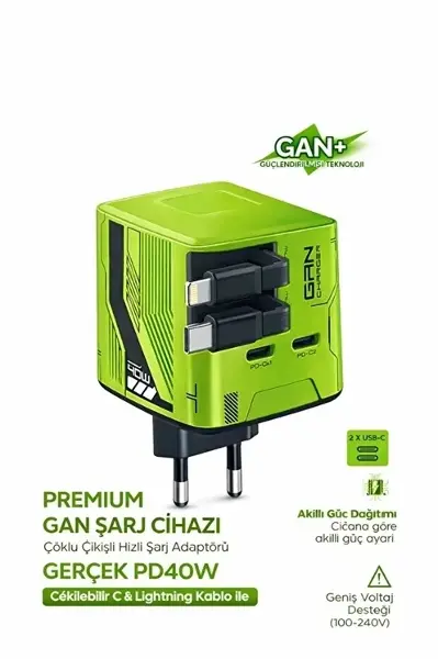 GaN+ PD 40W Hızlı Şarj Adaptörü Çoklu Çıkış USB-C Lightning Kablolu Hızlı Şarj Cihazı Ev Ofis Uyumlu Yeşil