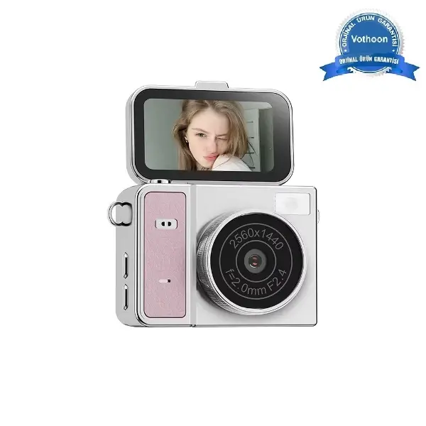 2K Mini Dijital Retro Video Kamera Flaşlı Dijital Vlog Mini Fotoğraf Makinesi Türkçe Menü Pembe