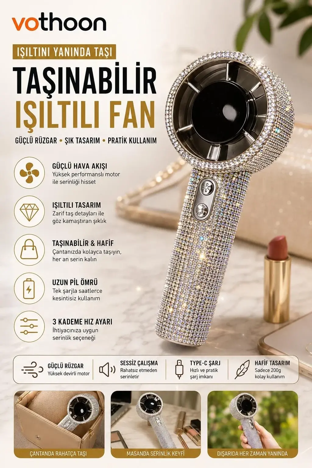 Taşınabilir Fan Kristal Yapay Elmas El Vantilatörü Mini Kişisel El Tipi Fan Işıltılı Soğutma Küçük Fan