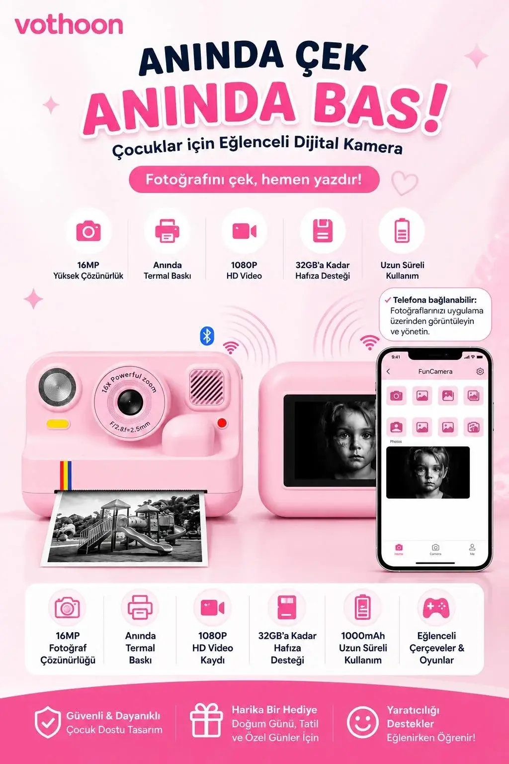 Çocuk Anında Baskılı Fotoğraf Makinesi 16MP Dijital Kamera 1080P Video WiFi Telefon Destekli