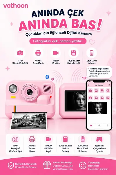 Çocuk Anında Baskılı Fotoğraf Makinesi 16MP Dijital Kamera 1080P Video WiFi Telefon Destekli