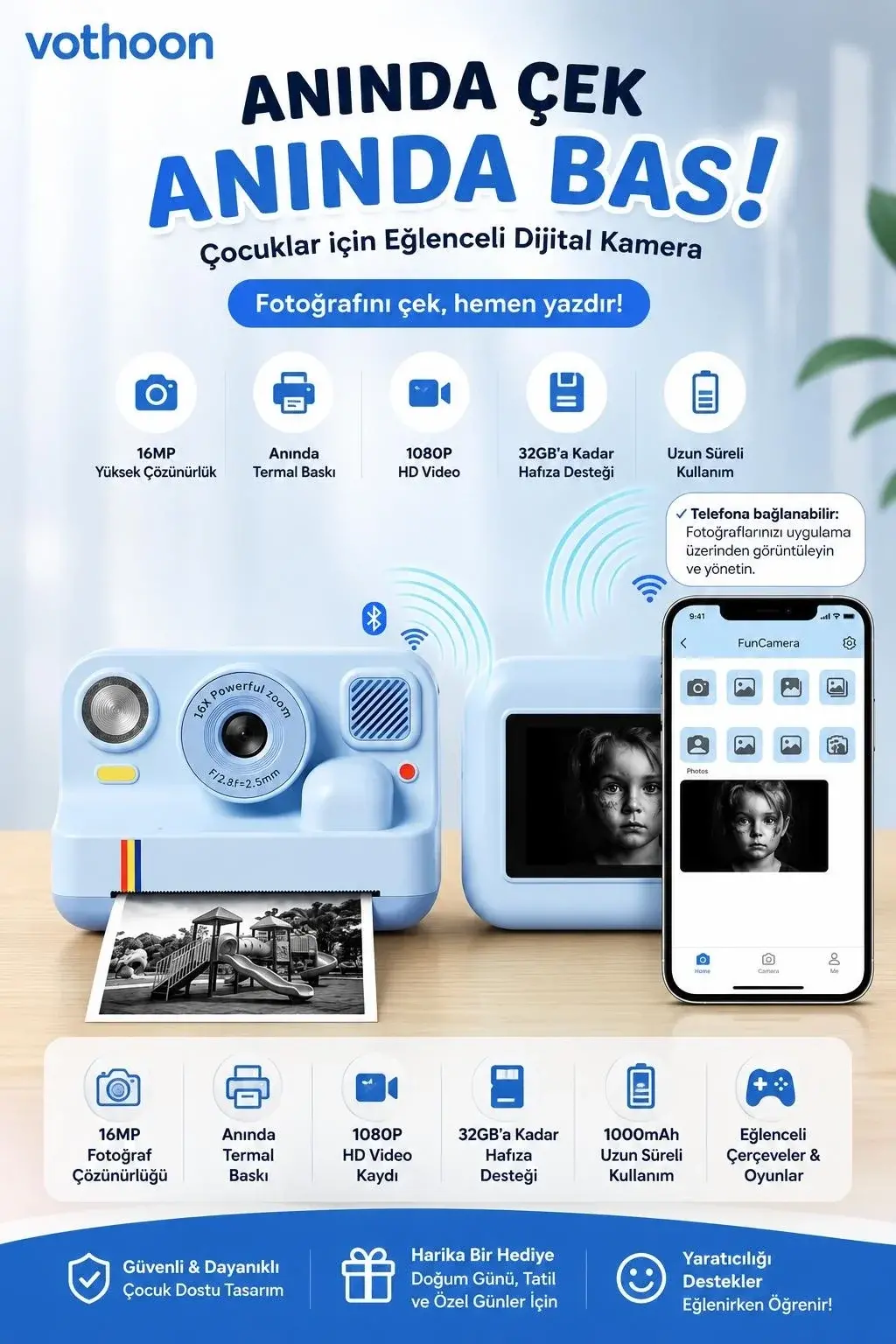Çocuk Anında Baskılı Fotoğraf Makinesi 16MP Dijital Kamera 1080P Video WiFi Telefon Destekli