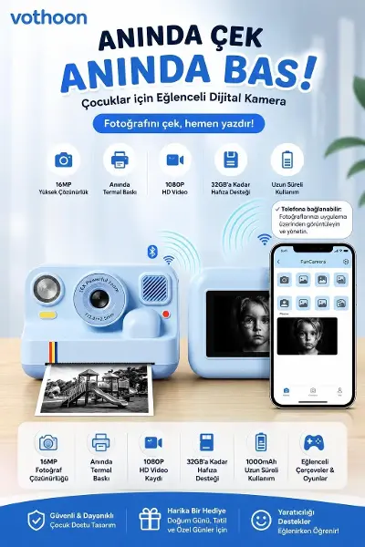 Çocuk Anında Baskılı Fotoğraf Makinesi 16MP Dijital Kamera 1080P Video WiFi Telefon Destekli