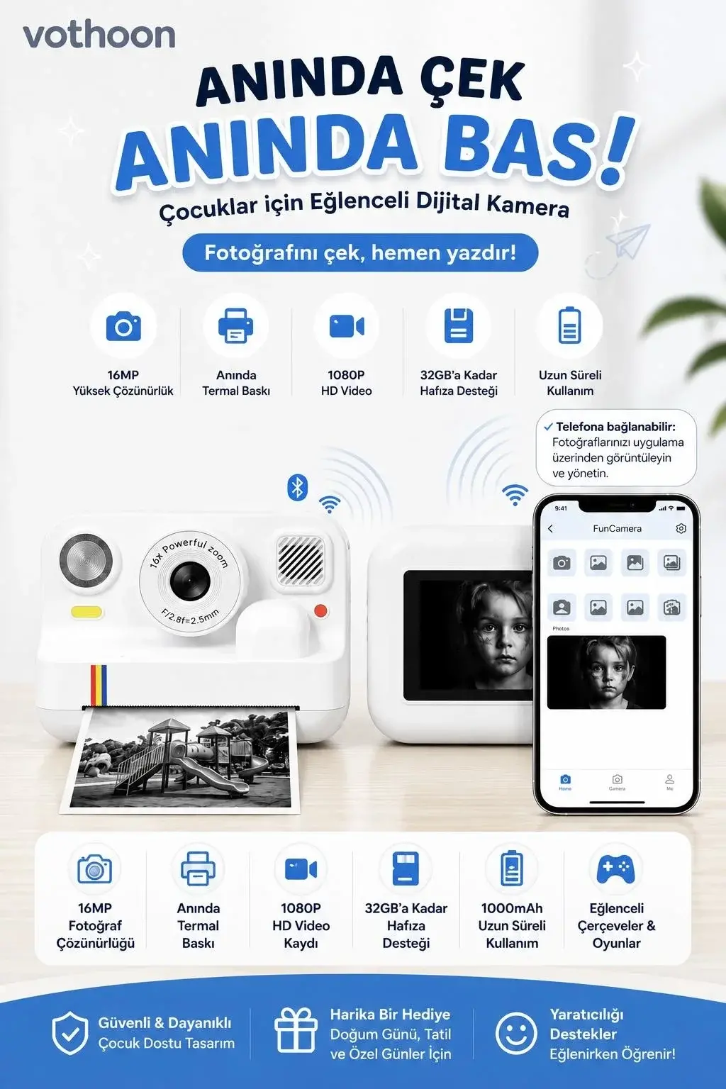 Çocuk Anında Baskılı Fotoğraf Makinesi 16MP Dijital Kamera 1080P Video WiFi Telefon Destekli