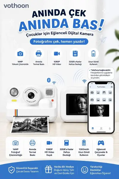 Çocuk Anında Baskılı Fotoğraf Makinesi 16MP Dijital Kamera 1080P Video WiFi Telefon Destekli