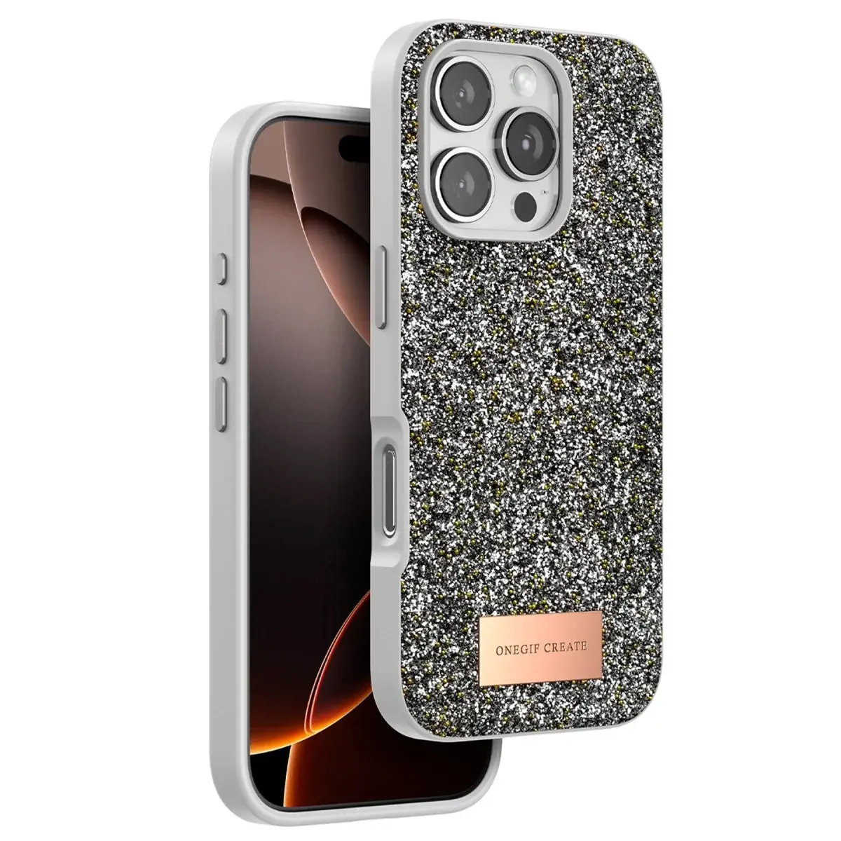 Onegif İphone 16 Pro Max Bright Simli Kapak - Gümüş