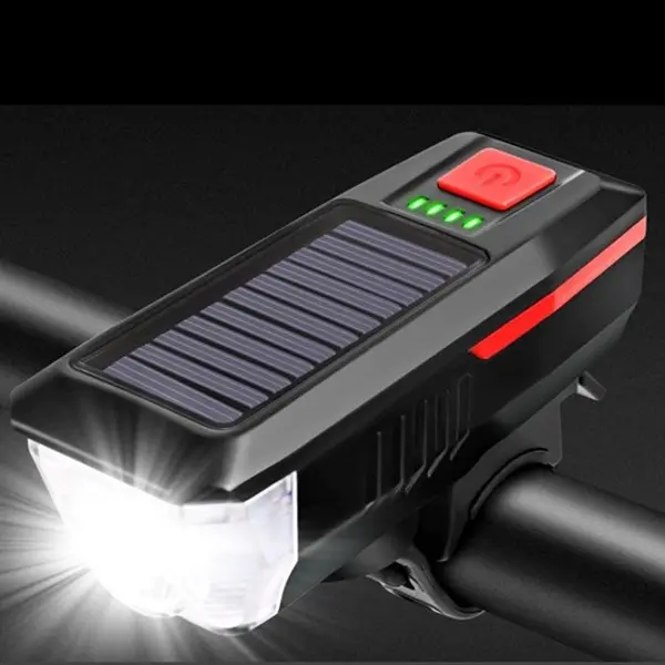 Solar Enerjili USB ile Şarj Edilebilir Ledli Bisiklet Feneri Kornalı ve Su Geçirmez Far (4745)